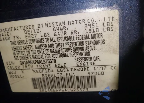 2010 Nissan Sentra 2.0S z USA, uszkodzony, nr VIN 3N1AB6AP6AL675579